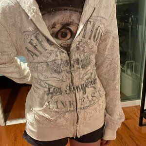 affliction women's white graphic zip hoodie